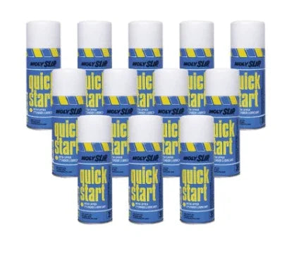 Moly-Slip Quick Start lubricant spray cans, blue and yellow packaging, 12-pack for tools and equipment maintenance