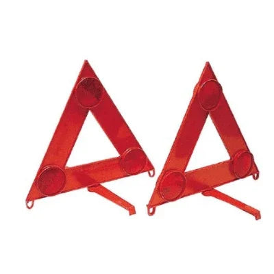 Two red reflective warning triangles for vehicle safety, roadside emergency use