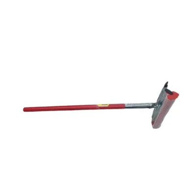 Red-handled squeegee with rubber blade for cleaning windows and surfaces