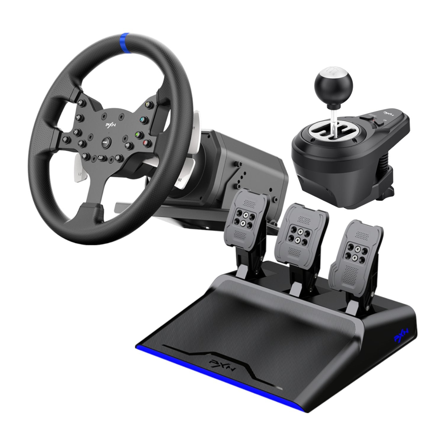 PXN V10 Racing Wheel with pedals and PXN wireless gaming controller for PC and Console.
