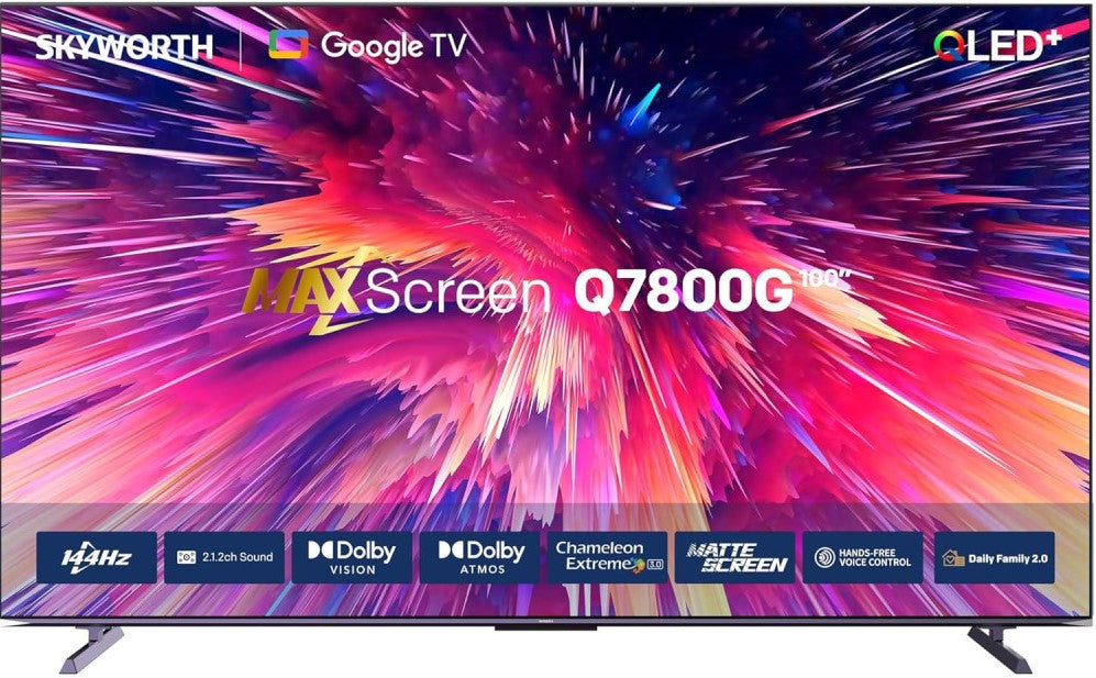 Skyworth ultra-thin infinity screen smart TV displaying vibrant colors in a modern living room setting.