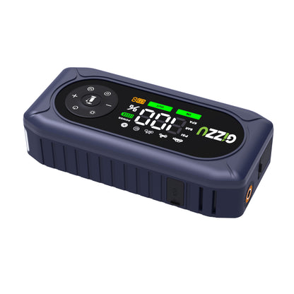 Close up of the digital display screen showing current pressure values with the high pressure air hose attached to a car tyre