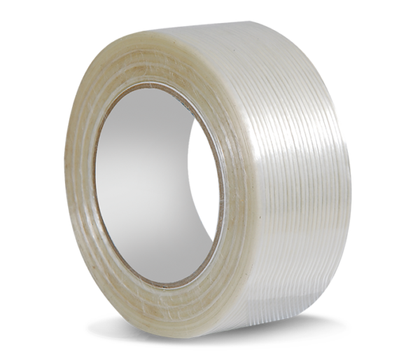 6 pack bundle of heavy duty reinforced fiberglass filament strapping tape rolls on a clean background