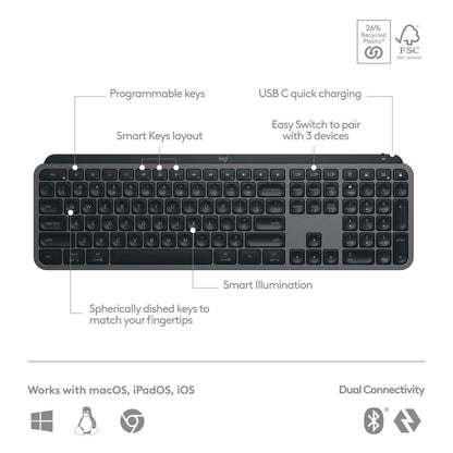 Logitech MX Keys Advanced Wireless Illuminated Keyboard Graphite (2 Year Warranty, Parallel Import)