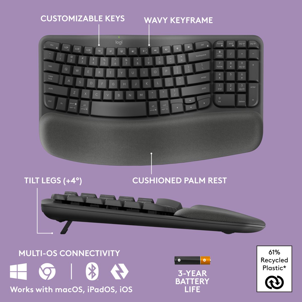 Logitech Wave Keys Wireless Ergonomic Keyboard (2 Year Warranty, Parallel Import)
