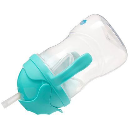 Clear baby bottle with turquoise handle and lid on a white background