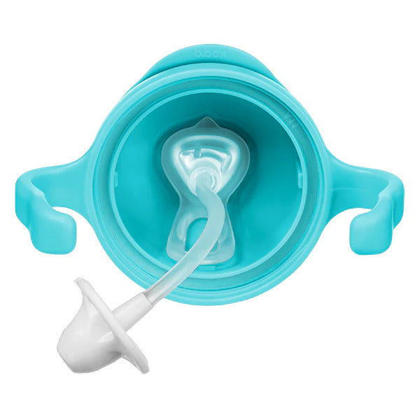 Turquoise sippy cup with white spout on a white background