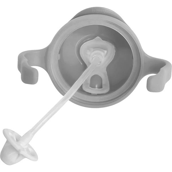 Gray sippy cup with white straw on a white background