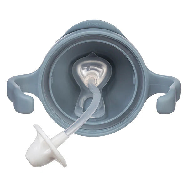 Gray sippy cup with white spout on a white background