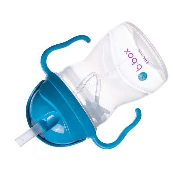 Blue and clear sippy cup with handle on a white background