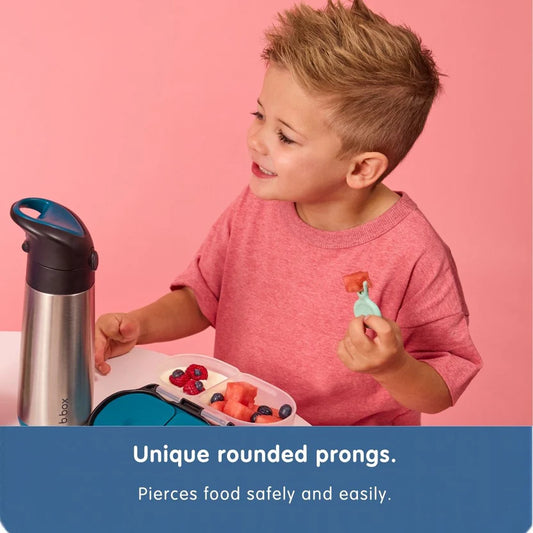 B.Box Mini Flork 3-pack showing three flower-shaped forks designed for kids' lunchboxes and snack containers.