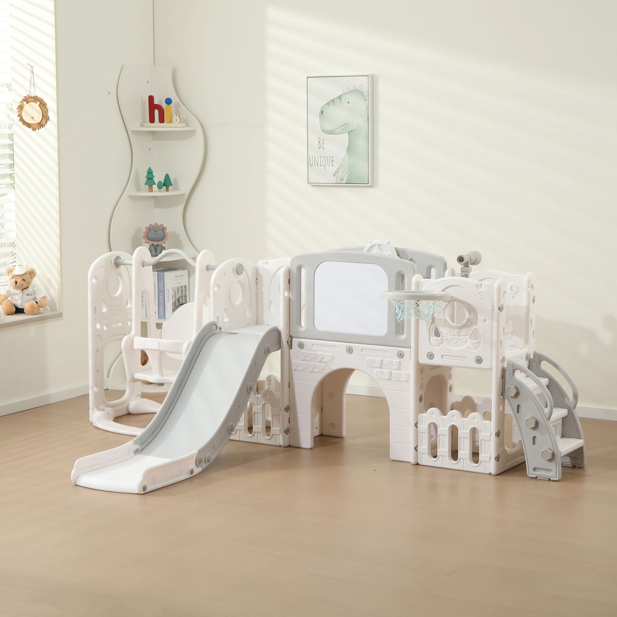 Babies-Up Toddler Garden Slide/Swing/Drawing Board Set & Basketball Hoop

Create the ultimate playtime experience with the Babies-Up Toddler Garden Playset - a versatile 4-in-1 activity center featuring a slide, swing, drawing board, and basketball hoop. Designed for toddlers and preschoolers, this all-in-one set is perfect for indoor or outdoor fun, encouraging physical activity, creativity, and coordination through safe and interactive play.