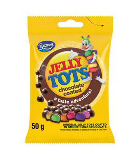 A package of Beacon Jelly Tots Chocolate Coated, featuring an illustration of the product with chocolate pieces and fruity jelly beads, and a cartoon of a smiling rabbit on the front.