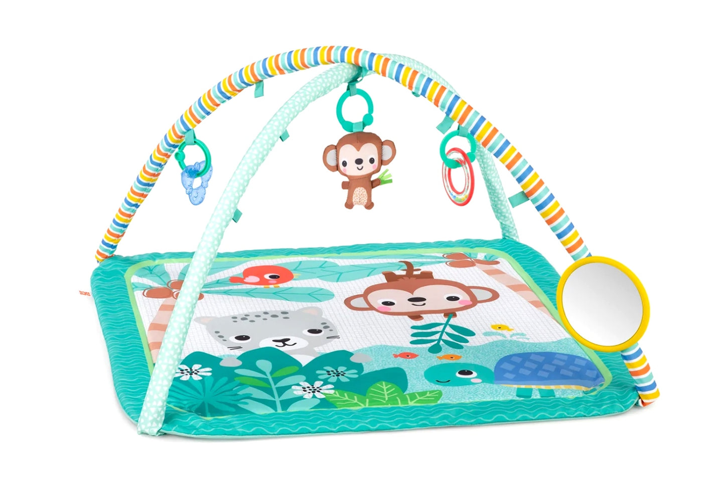Bright Starts Baby Activity Gym & Play Mat

Throw your baby a party of activity with the Palm Party Activity Gym from Bright Starts. Your king or queen of the jungle will love to kick, lay and play on this tummy time mat! The gender neutral play gym with toy bar includes 4 detachable hanging toys, like the plush monkey toy with jingle chimes, baby-safe mirror, ring rattle with colorful beads, and soothing texture toy.