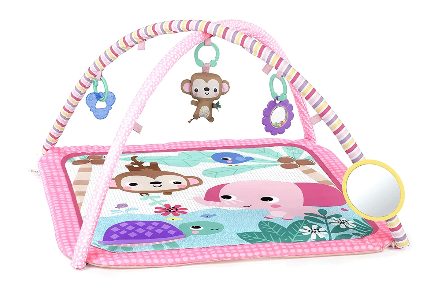 Bright Starts Baby Activity Gym & Play Mat

Throw your baby a party of activity with the Palm Party Activity Gym from Bright Starts. Your king or queen of the jungle will love to kick, lay and play on this tummy time mat! The gender neutral play gym with toy bar includes 4 detachable hanging toys, like the plush monkey toy with jingle chimes, baby-safe mirror, ring rattle with colorful beads, and soothing texture toy.