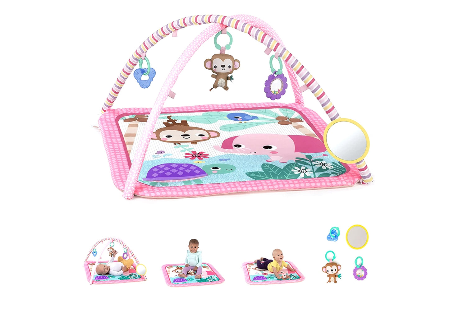 Bright Starts Baby Activity Gym & Play Mat

Throw your baby a party of activity with the Palm Party Activity Gym from Bright Starts. Your king or queen of the jungle will love to kick, lay and play on this tummy time mat! The gender neutral play gym with toy bar includes 4 detachable hanging toys, like the plush monkey toy with jingle chimes, baby-safe mirror, ring rattle with colorful beads, and soothing texture toy.