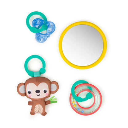 Bright Starts Baby Activity Gym & Play Mat

Throw your baby a party of activity with the Palm Party Activity Gym from Bright Starts. Your king or queen of the jungle will love to kick, lay and play on this tummy time mat! The gender neutral play gym with toy bar includes 4 detachable hanging toys, like the plush monkey toy with jingle chimes, baby-safe mirror, ring rattle with colorful beads, and soothing texture toy.