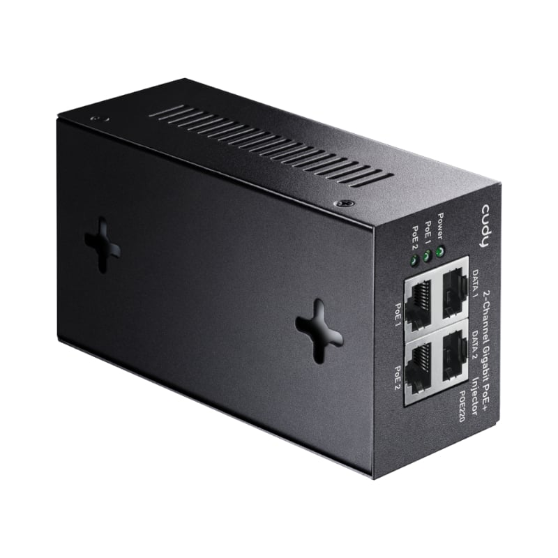 The Cudy POE220 30W Gigabit 2 Channel PoE+/PoE Injector allows you to easily supply power and data to multiple PoE devices. It features 2 Gigabit Ethernet input ports for data and 2 Gigabit PoE output ports. It’s a great option for small surveillance systems or a VOIP phone or a WiFi AP. The Cudy POE220 eliminates the need for an external power supply. This allows you to get rid of its associated AC/DC power cabling, providing a compact, affordable, safe and reliable power solution over your existing Ethern