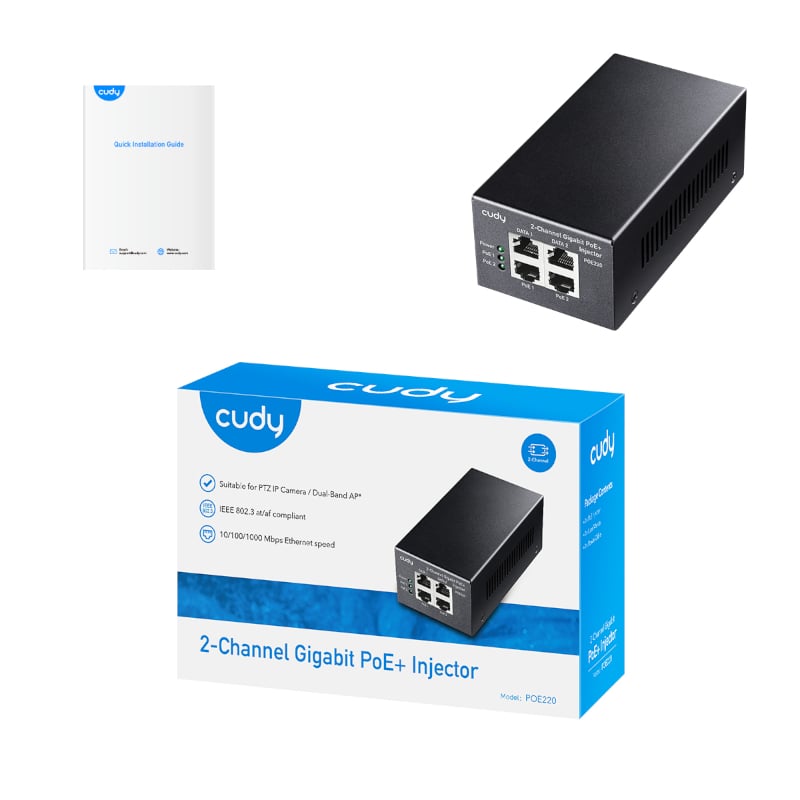 The Cudy POE220 30W Gigabit 2 Channel PoE+/PoE Injector allows you to easily supply power and data to multiple PoE devices. It features 2 Gigabit Ethernet input ports for data and 2 Gigabit PoE output ports. It’s a great option for small surveillance systems or a VOIP phone or a WiFi AP. The Cudy POE220 eliminates the need for an external power supply. This allows you to get rid of its associated AC/DC power cabling, providing a compact, affordable, safe and reliable power solution over your existing Ethern