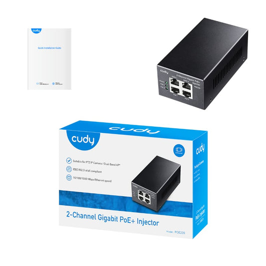 The Cudy POE220 30W Gigabit 2 Channel PoE+/PoE Injector allows you to easily supply power and data to multiple PoE devices. It features 2 Gigabit Ethernet input ports for data and 2 Gigabit PoE output ports. It’s a great option for small surveillance systems or a VOIP phone or a WiFi AP. The Cudy POE220 eliminates the need for an external power supply. This allows you to get rid of its associated AC/DC power cabling, providing a compact, affordable, safe and reliable power solution over your existing Ethern
