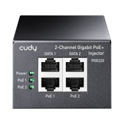 The Cudy POE220 30W Gigabit 2 Channel PoE+/PoE Injector allows you to easily supply power and data to multiple PoE devices. It features 2 Gigabit Ethernet input ports for data and 2 Gigabit PoE output ports. It’s a great option for small surveillance systems or a VOIP phone or a WiFi AP. The Cudy POE220 eliminates the need for an external power supply. This allows you to get rid of its associated AC/DC power cabling, providing a compact, affordable, safe and reliable power solution over your existing Ethern