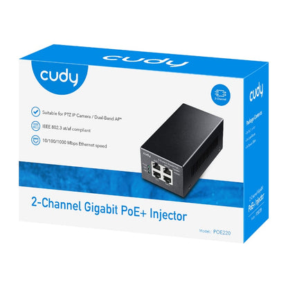 The Cudy POE220 30W Gigabit 2 Channel PoE+/PoE Injector allows you to easily supply power and data to multiple PoE devices. It features 2 Gigabit Ethernet input ports for data and 2 Gigabit PoE output ports. It’s a great option for small surveillance systems or a VOIP phone or a WiFi AP. The Cudy POE220 eliminates the need for an external power supply. This allows you to get rid of its associated AC/DC power cabling, providing a compact, affordable, safe and reliable power solution over your existing Ethern
