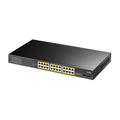 The Cudy GS1028PS2 26-Port Gigabit PoE+ Switch offers the forwarding capacity to simultaneously process traffic on all ports at a line rate without any packet loss. It supports a switching capacity of up to 56Gbps and features 24 PoE ports and 2 SFP combo ports.

The 26 port switch supports 300W total PoE power and up to 30W for one PoE port. For additional protection, it features power auto-detection for devices. This feature will not burn non-standard PoE devices or normal PoE switches. A VLAN mode helps 