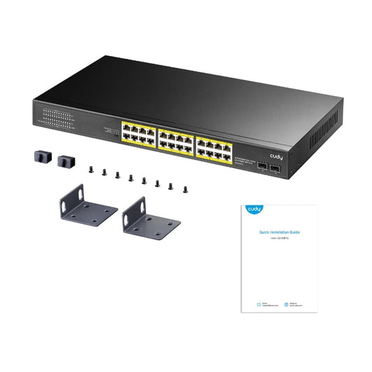 The Cudy GS1028PS2 26-Port Gigabit PoE+ Switch offers the forwarding capacity to simultaneously process traffic on all ports at a line rate without any packet loss. It supports a switching capacity of up to 56Gbps and features 24 PoE ports and 2 SFP combo ports.

The 26 port switch supports 300W total PoE power and up to 30W for one PoE port. For additional protection, it features power auto-detection for devices. This feature will not burn non-standard PoE devices or normal PoE switches. A VLAN mode helps 