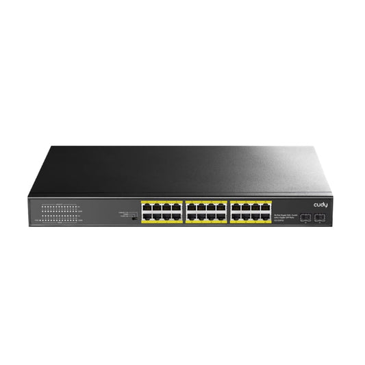 The Cudy GS1028PS2 26-Port Gigabit PoE+ Switch offers the forwarding capacity to simultaneously process traffic on all ports at a line rate without any packet loss. It supports a switching capacity of up to 56Gbps and features 24 PoE ports and 2 SFP combo ports.

The 26 port switch supports 300W total PoE power and up to 30W for one PoE port. For additional protection, it features power auto-detection for devices. This feature will not burn non-standard PoE devices or normal PoE switches. A VLAN mode helps 