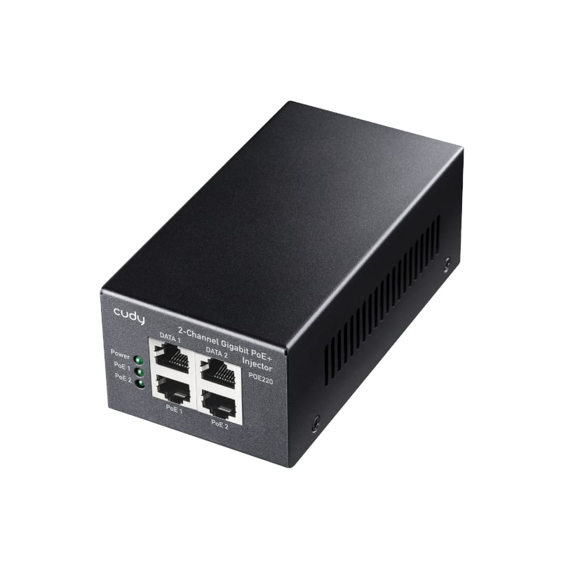 The Cudy POE220 30W Gigabit 2 Channel PoE+/PoE Injector allows you to easily supply power and data to multiple PoE devices. It features 2 Gigabit Ethernet input ports for data and 2 Gigabit PoE output ports. It’s a great option for small surveillance systems or a VOIP phone or a WiFi AP. The Cudy POE220 eliminates the need for an external power supply. This allows you to get rid of its associated AC/DC power cabling, providing a compact, affordable, safe and reliable power solution over your existing Ethern