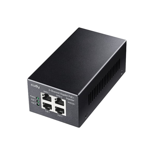 The Cudy POE220 30W Gigabit 2 Channel PoE+/PoE Injector allows you to easily supply power and data to multiple PoE devices. It features 2 Gigabit Ethernet input ports for data and 2 Gigabit PoE output ports. It’s a great option for small surveillance systems or a VOIP phone or a WiFi AP. The Cudy POE220 eliminates the need for an external power supply. This allows you to get rid of its associated AC/DC power cabling, providing a compact, affordable, safe and reliable power solution over your existing Ethern