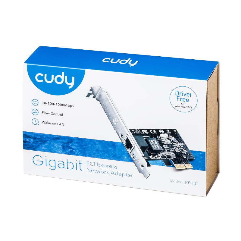 Expand or upgrade your ethernet network with the Cudy PE10 Gigabit PCI Express Network Adapter. It features a super-fast 10/100/1000 Mbps ethernet port for a stable and fast connection. It connects easily to your PC motherboard via a PCIe x1 connector and is compatible with Windows, Linux and macOS. It comes with dual brackets making it compatible with mini and standard sized PC chassis. Perfect for web chat, fast download video streaming, online gaming and internet calling, the Cudy PE10 is very versatile 