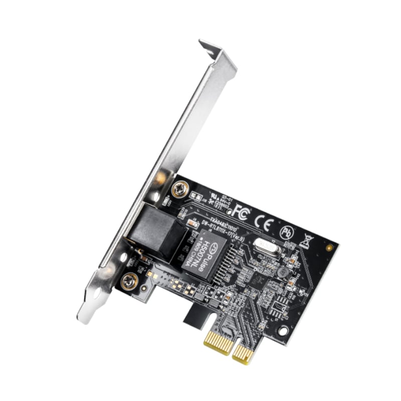 Expand or upgrade your ethernet network with the Cudy PE10 Gigabit PCI Express Network Adapter. It features a super-fast 10/100/1000 Mbps ethernet port for a stable and fast connection. It connects easily to your PC motherboard via a PCIe x1 connector and is compatible with Windows, Linux and macOS. It comes with dual brackets making it compatible with mini and standard sized PC chassis. Perfect for web chat, fast download video streaming, online gaming and internet calling, the Cudy PE10 is very versatile 