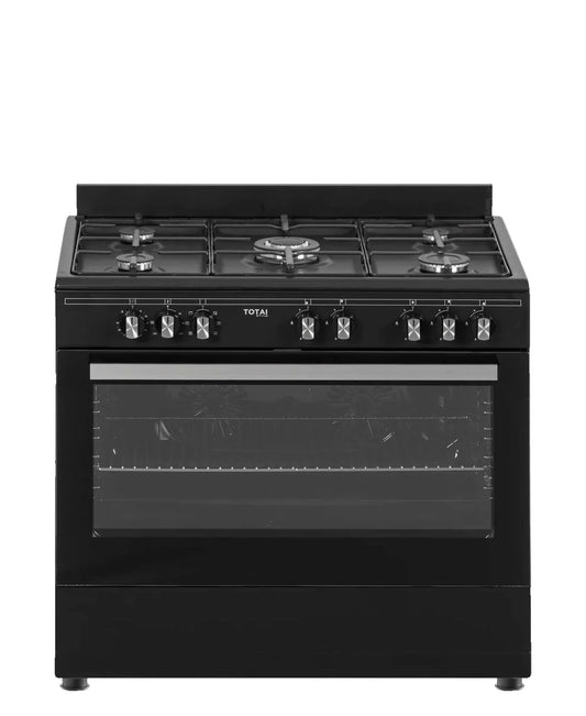 A black Totai premium 90cm cooker gas/electric with 5 burners, a visible oven window, and stainless steel knobs.