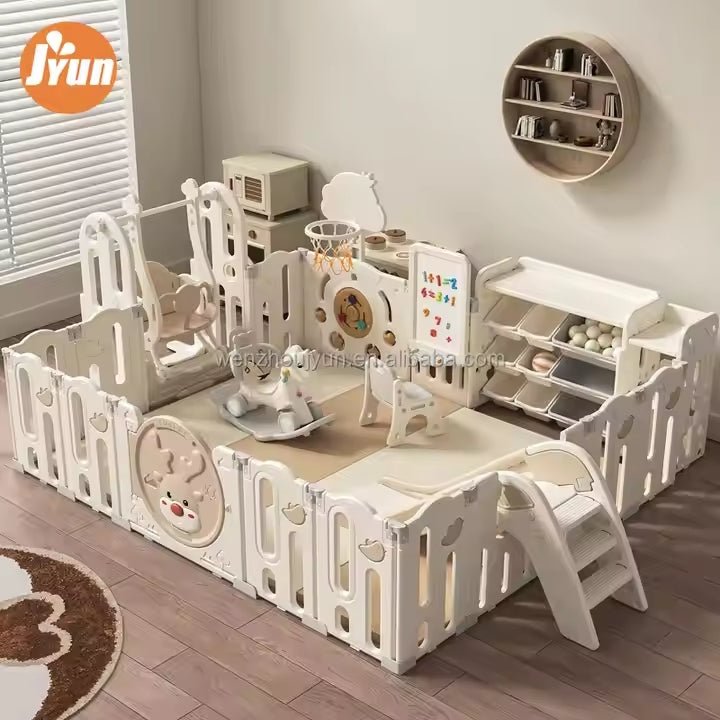 Babies-Up White & Beige Playpen All-In-One Multiplay Fun Zone Fence Playset for Kids 0-3 yrs Indoor