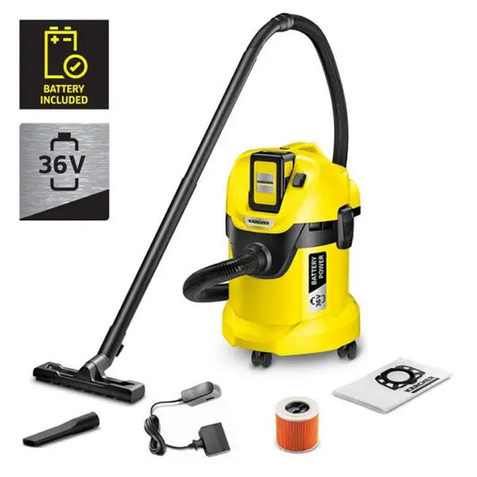 Karcher WD 3 Battery Set Wet and Dry Vacuum Cleaner

Ready to go immediately: the battery powered WD 3 Battery set, including battery. A battery wet and dry vacuum cleaner from the 36 V Kärcher Battery Power battery platform for versatile floor-based and hand-held use.