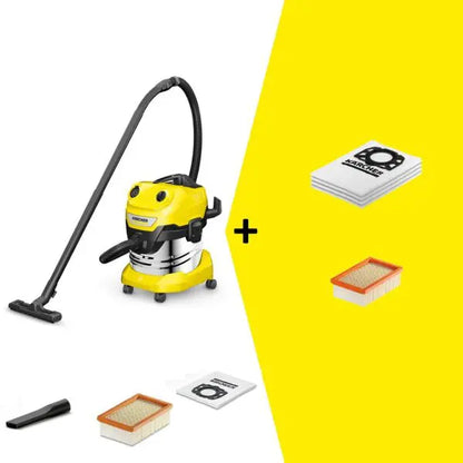 Karcher WD 4 S Vacuum Cleaner & Bags & Filter

Super powerful and energy-efficient wet/dry vacuum cleaner with 20 l stainless steel container, convenient flat pleated filter, 5 m cable, 2.2 m suction hose and blower function. Combo includes pack of 4 vacuum bags &amp; additional filter.