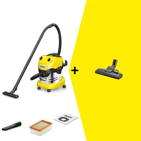 Karcher WD 4 S Vacuum Cleaner & Floor Nozzle

Super powerful and energy-efficient wet/dry vacuum cleaner with 20 l stainless steel container, convenient flat pleated filter, 5 m cable, 2.2 m suction hose and blower function.. Combo includes a switchable floor nozzle for use on hard floors and carpets.