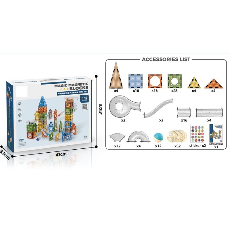 Kids-Up 156 Piece STEM Magnetic Tiles Marble Run Montessori Fun Toy Set