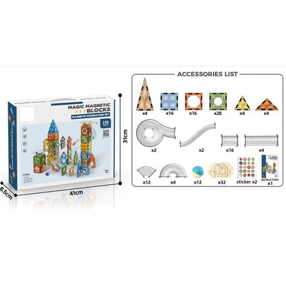 Kids-Up 156 Piece STEM Magnetic Tiles Marble Run Montessori Fun Toy Set