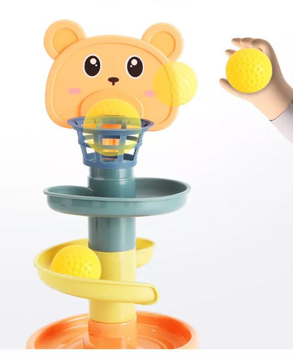 Kids-Up extra-tall 9-stage colourful rotating ball track tower showing multiple balls rolling through the levels.