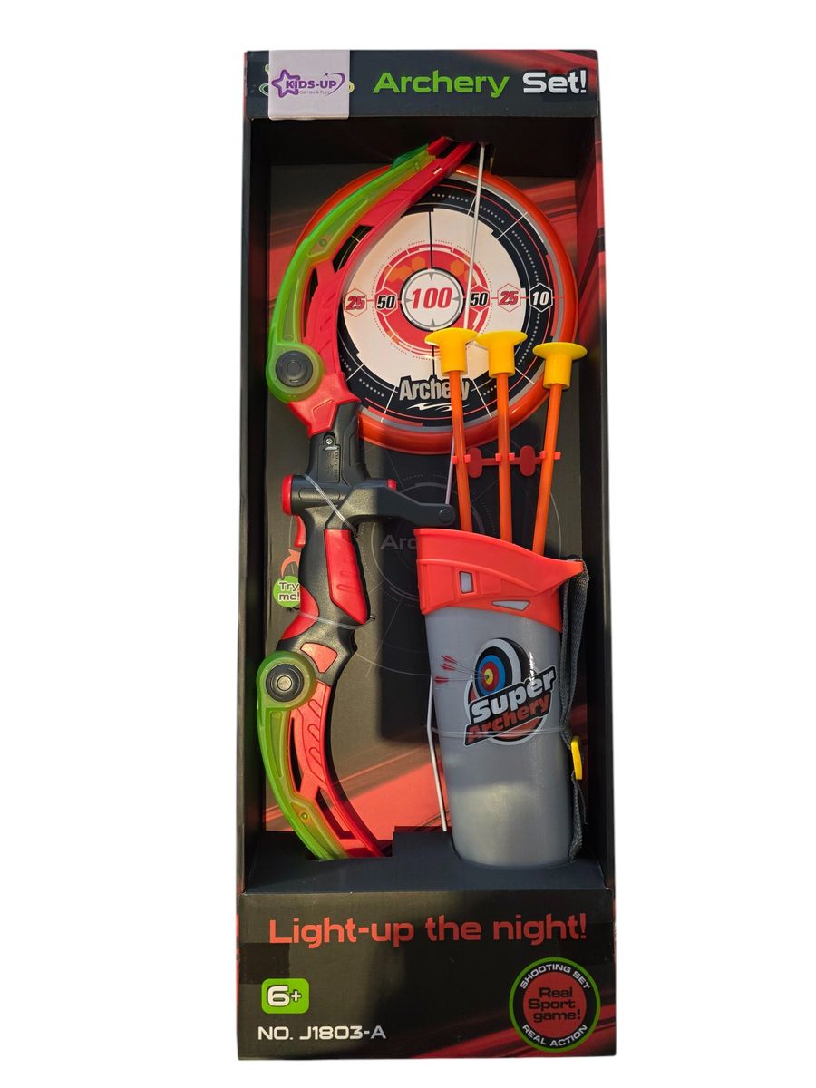 Kids-Up Bow &amp; Arrow Archery Green And Orange Set With Arrow & Target Set

Classic game of skill that's fun to play with all your friends and family. The quiver is easy to wear and the "arrow" suction is strong to hold on to the windows and the target.

Features:
- Well-equipped Archery Set: Comes with a luminous bow, 3 suction cup arrows, a target and a quiver.
- Luminous Bow Light-up the night: 3 patterns LED night light helps with aiming at the target at night and provides safety.
