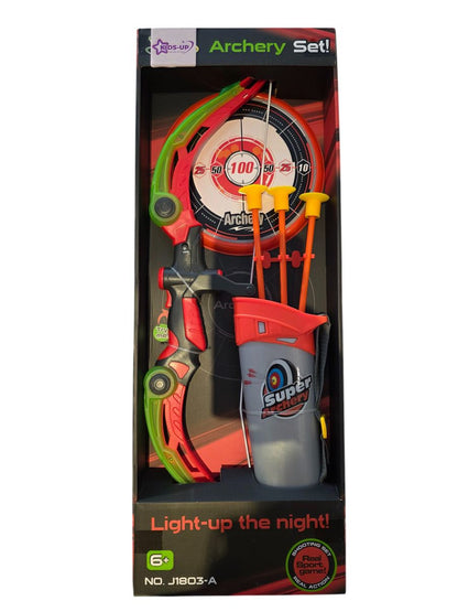 Kids-Up Bow &amp; Arrow Archery Green And Orange Set With Arrow & Target Set

Classic game of skill that's fun to play with all your friends and family. The quiver is easy to wear and the "arrow" suction is strong to hold on to the windows and the target.

Features:
- Well-equipped Archery Set: Comes with a luminous bow, 3 suction cup arrows, a target and a quiver.
- Luminous Bow Light-up the night: 3 patterns LED night light helps with aiming at the target at night and provides safety.