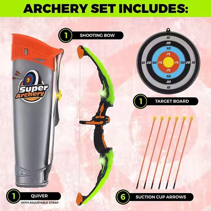 Kids-Up Bow &amp; Arrow Archery Green And Orange Set With Arrow & Target Set

Classic game of skill that's fun to play with all your friends and family. The quiver is easy to wear and the "arrow" suction is strong to hold on to the windows and the target.

Features:
- Well-equipped Archery Set: Comes with a luminous bow, 3 suction cup arrows, a target and a quiver.
- Luminous Bow Light-up the night: 3 patterns LED night light helps with aiming at the target at night and provides safety.