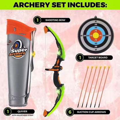 Kids-Up Bow &amp; Arrow Archery Green And Orange Set With Arrow & Target Set

Classic game of skill that's fun to play with all your friends and family. The quiver is easy to wear and the "arrow" suction is strong to hold on to the windows and the target.

Features:
- Well-equipped Archery Set: Comes with a luminous bow, 3 suction cup arrows, a target and a quiver.
- Luminous Bow Light-up the night: 3 patterns LED night light helps with aiming at the target at night and provides safety.