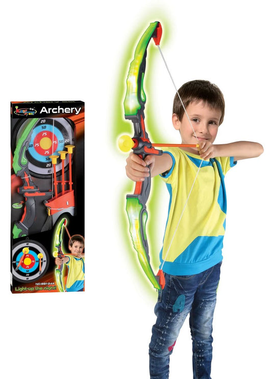 Kids-Up Bow &amp; Arrow Archery Green And Orange Set With Arrow & Target Set

Classic game of skill that's fun to play with all your friends and family. The quiver is easy to wear and the "arrow" suction is strong to hold on to the windows and the target.

Features:
- Well-equipped Archery Set: Comes with a luminous bow, 3 suction cup arrows, a target and a quiver.
- Luminous Bow Light-up the night: 3 patterns LED night light helps with aiming at the target at night and provides safety.