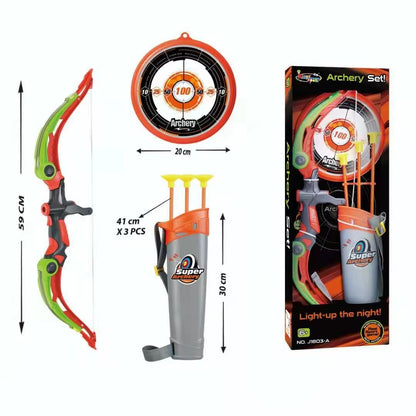 Kids-Up Bow &amp; Arrow Archery Green And Orange Set With Arrow & Target Set

Classic game of skill that's fun to play with all your friends and family. The quiver is easy to wear and the "arrow" suction is strong to hold on to the windows and the target.

Features:
- Well-equipped Archery Set: Comes with a luminous bow, 3 suction cup arrows, a target and a quiver.
- Luminous Bow Light-up the night: 3 patterns LED night light helps with aiming at the target at night and provides safety.