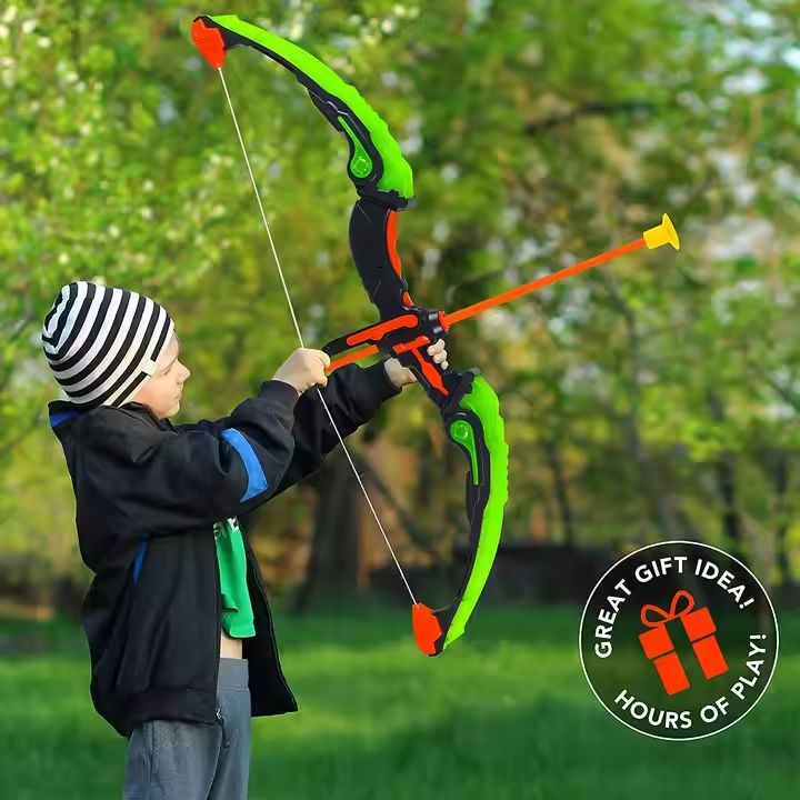 Kids-Up Bow &amp; Arrow Archery Green And Orange Set With Arrow & Target Set

Classic game of skill that's fun to play with all your friends and family. The quiver is easy to wear and the "arrow" suction is strong to hold on to the windows and the target.

Features:
- Well-equipped Archery Set: Comes with a luminous bow, 3 suction cup arrows, a target and a quiver.
- Luminous Bow Light-up the night: 3 patterns LED night light helps with aiming at the target at night and provides safety.