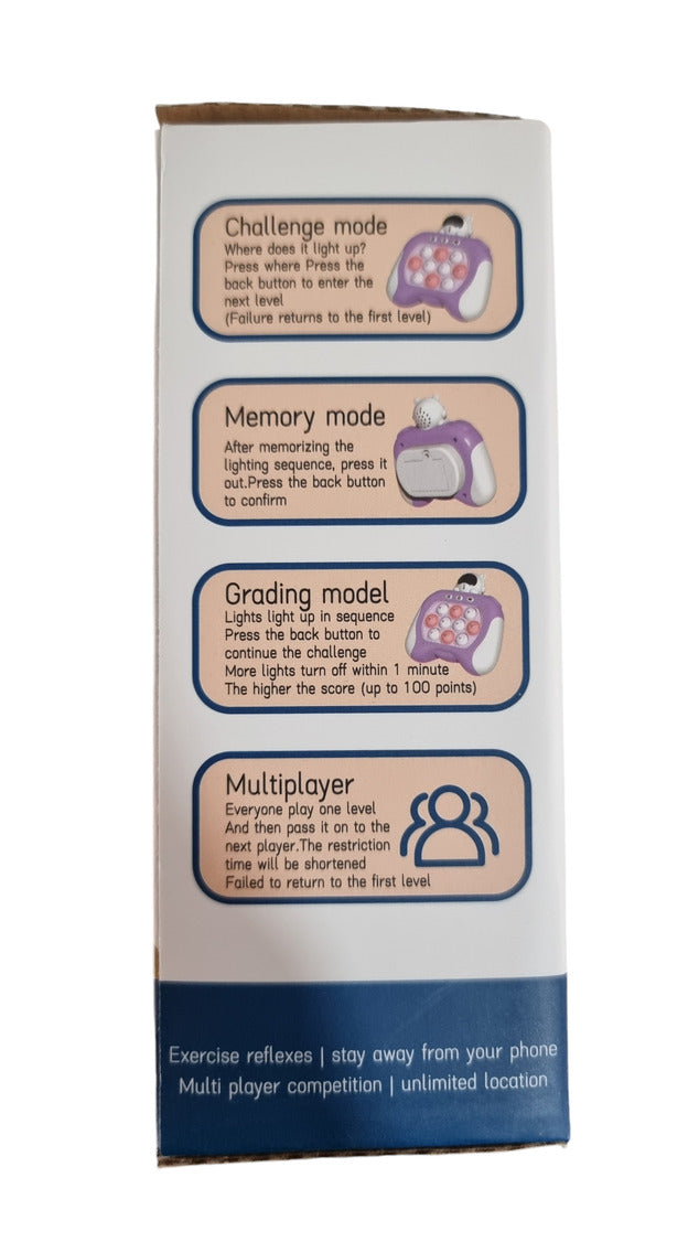 Kids-Up Electronic Pop It Quick Push Game Blue And White Spaceman

The Kids-Up Electronic Pop It Quick Push Game features a fun and engaging design resembling a blue and white spaceman, perfect for kids who love interactive and sensory toys. This game combines the popular Pop It fidget toy with electronic elements for a fast-paced, stimulating experience. Players must quickly push the bubbles that light up, enhancing hand-eye coordination and reflexes. The vibrant blue and white color scheme, along with the