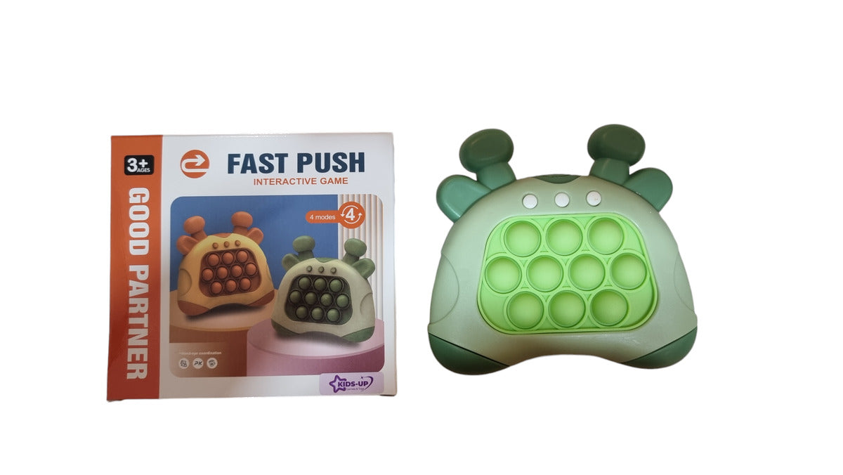 Kids-Up Electronic Pop It Quick Push Game Green Fawn/Giraffe Popper

The Kids-Up Electronic Pop It Quick Push Game in the Green Fawn/Giraffe Popper design is a captivating and colorful game for kids. This version features a cute green fawn or giraffe-shaped frame with a pop-it fidget surface that lights up, prompting players to push the correct buttons as they appear. The game encourages quick reflexes, hand-eye coordination, and focus, as kids race against the clock to pop the lit buttons in time.